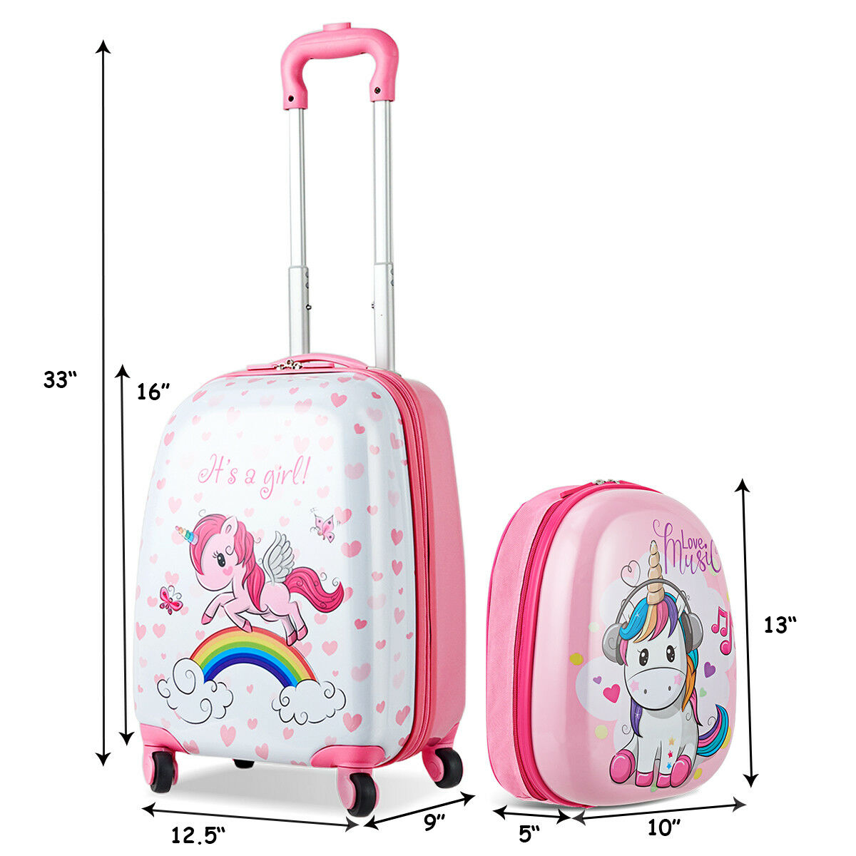 "Destination: UNICORN LAND!" 2pc Kids Carry On Rolling Trolley Luggage Set