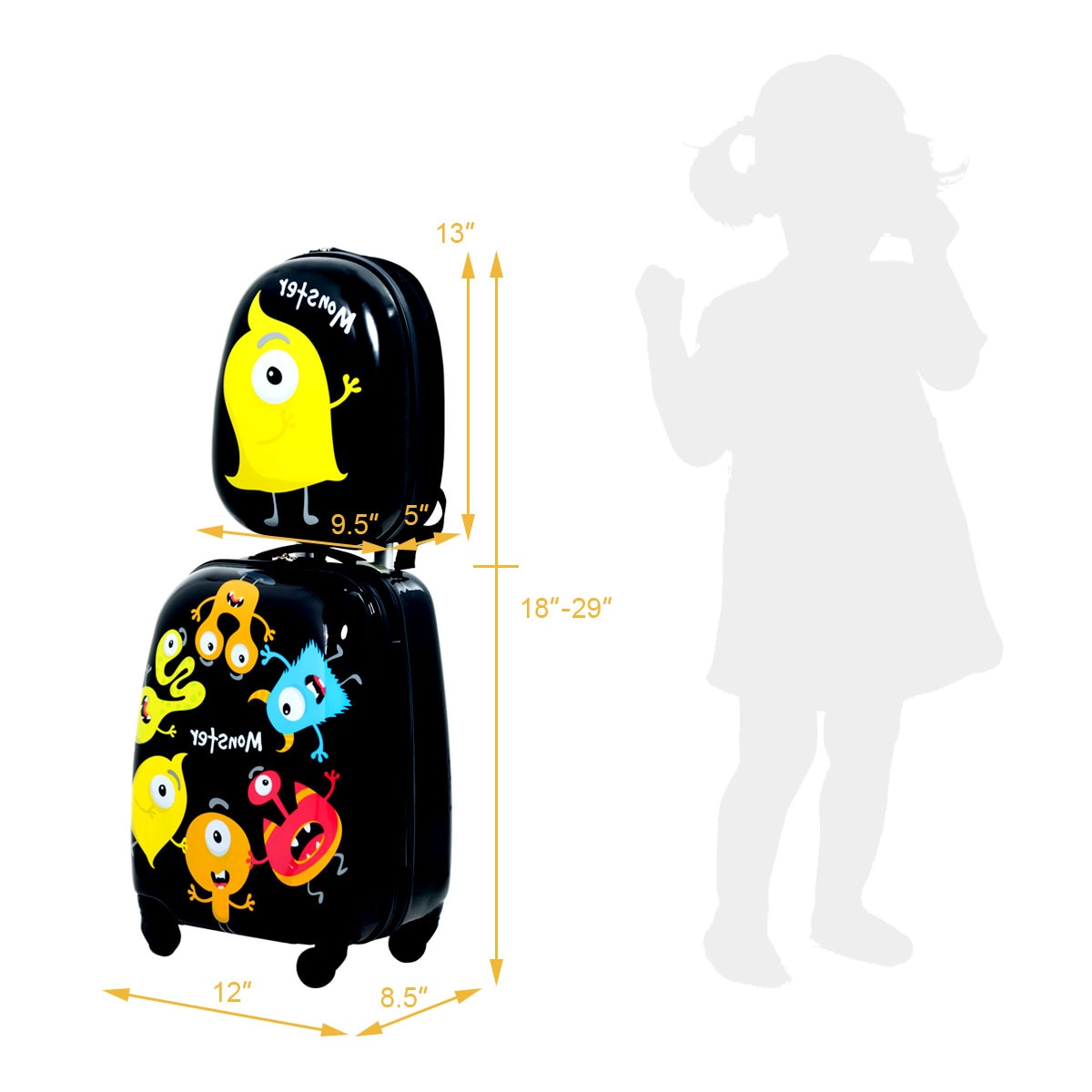 "MONSTERS" 2pcs Kids Carry On Rolling Trolley Luggage Set