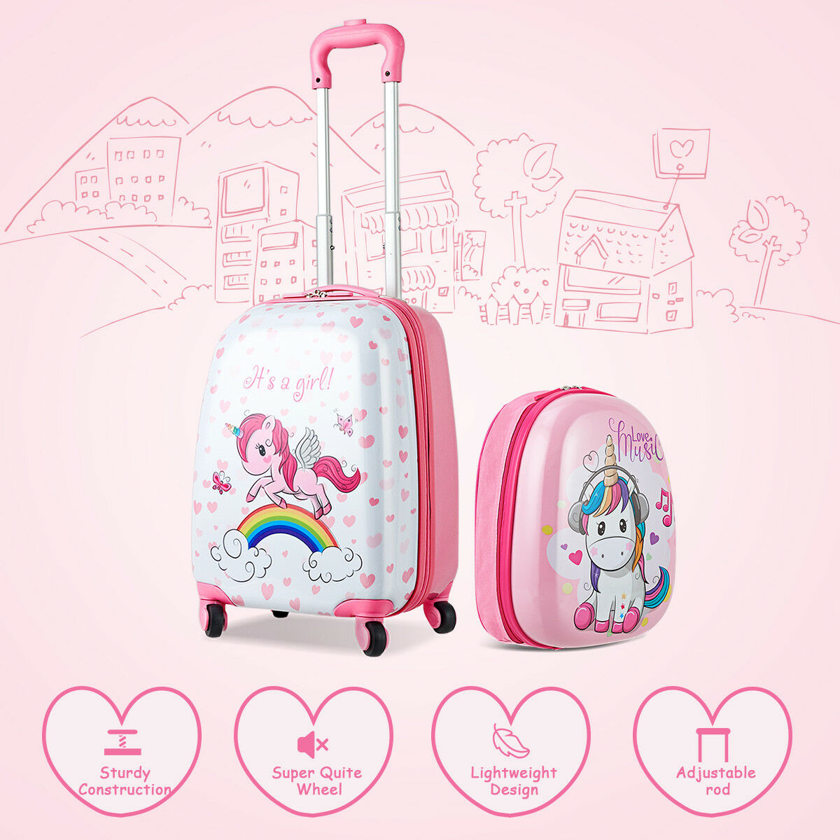"Destination: UNICORN LAND!" 2pc Kids Carry On Rolling Trolley Luggage Set