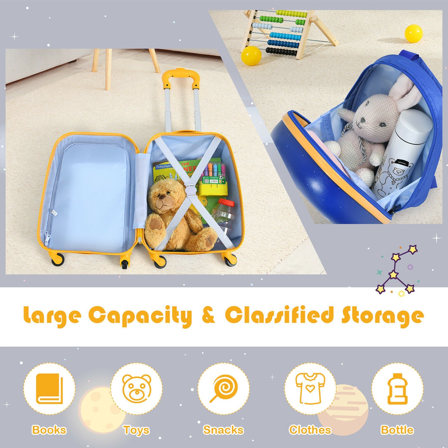 "Vacation Location: SPACE!" 2pc Kids Carry On Rolling Luggage Set