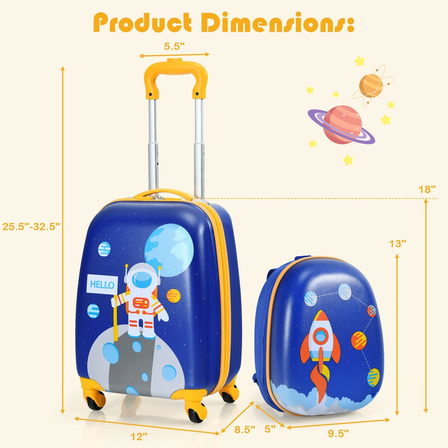"Vacation Location: SPACE!" 2pc Kids Carry On Rolling Luggage Set
