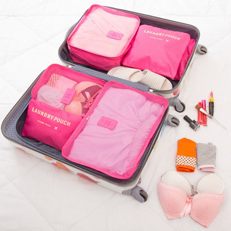 Green 6pcs/set Travel Bag Set Solid Color Luggage Travel Organizer